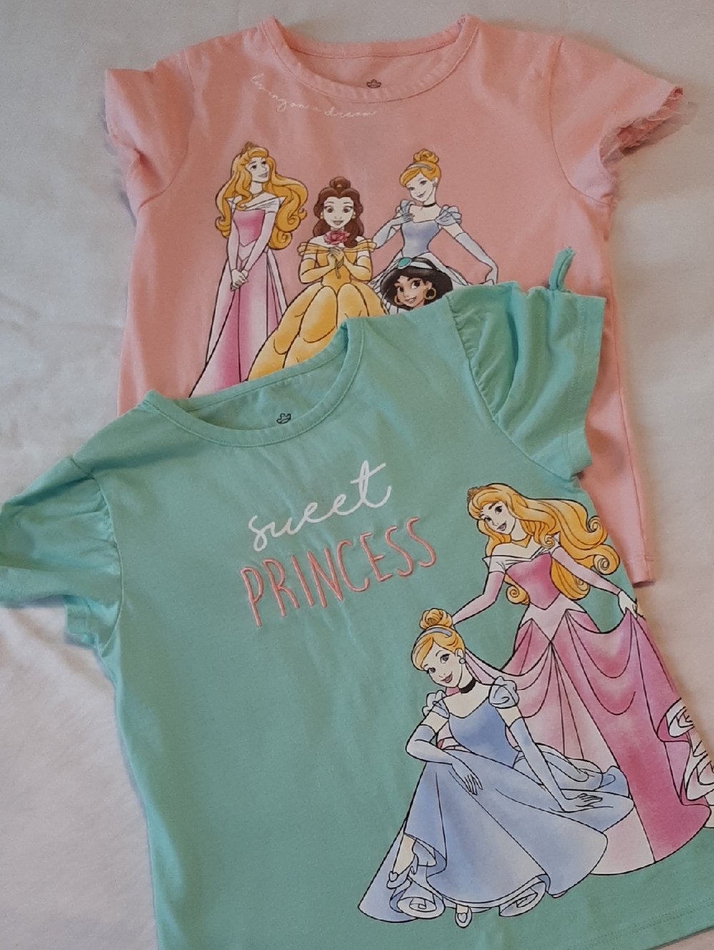 Disney Girls 2 Short Sleeve Pink & Mint Green Princess Graphic Tee Shirts Size 6